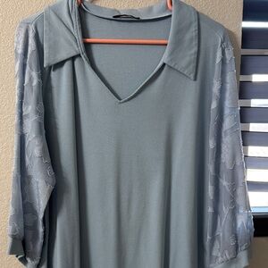 Women's Dusty Blue V-Neck Tunic with Sheer Lace Sleeves